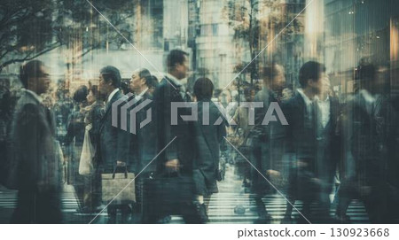 Multiple exposure image of people moving through a crowd 130923668