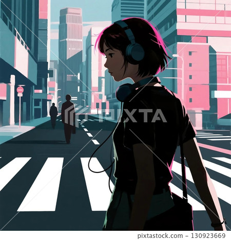 Graphic image of a stylish young woman wearing two headphones 130923669