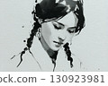 Monochrome Watercolor Portrait with Braided Hair and Serene Gaze 130923981