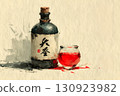 Artistic Bottle and Glass with Chinese Calligraphy and Red Liquid 130923982