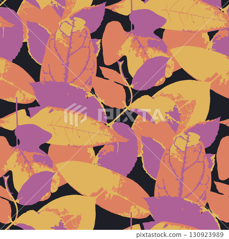 Seamless pattern with dry herbarium leaves in bold vivid colors. Cottagecore autumn foliage repeat wallpaper 130923989