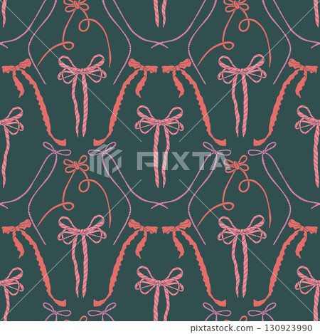 Seamless pattern with cute hand drawn fancy pink bow knots. Pretty retro coquettes wallpaper. Vintage romantic repeat background for wedding, birthday or Valentines decoration 130923990