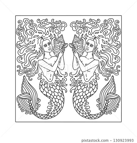 Art nouveau style mermaid with long hair holding conch shell hand drawn monochrome easy coloring book page vector illustration 130923993