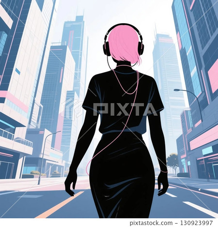 Silhouette illustration of a pink-haired woman wearing headphones 130923997