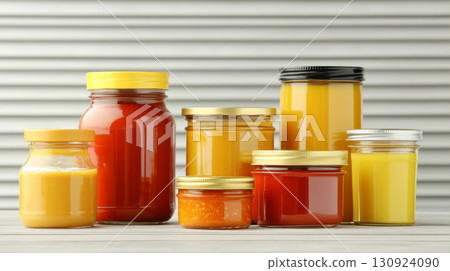 Glass jars filled with spicy pepper sauces on wooden table, background 130924090