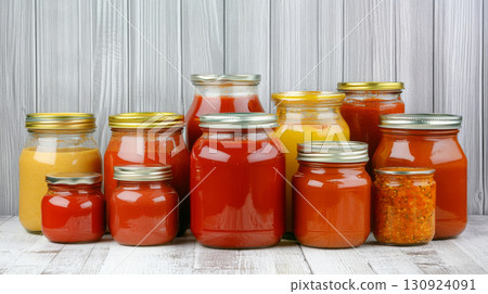 Glass jars filled with various spicy pepper sauces on wooden shelf, background 130924091