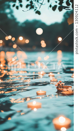 Asian festival Yi Peng lanterns floating on water at night, background 130924112