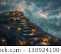 Glowing Lantern Path Through Twilight Hillside with Butterflies 130924190