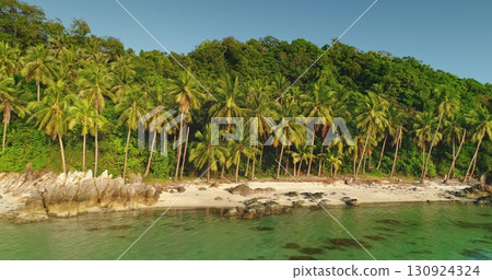 Stunning aerial view of palm trees growing on a pristine white sand beach on Koh Samui Island, Thailand, creating a breathtaking tropical paradise 130924324