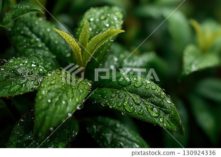 Fresh Green Leaves with Water Droplets and New Growth Fresh Green Leaves with Water Droplets and New Growth 130924336