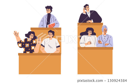 A group of diverse jury members actively engaged in the courtroom proceedings during the trial A group of diverse jury members actively engaged in the courtroom proceedings during the trial 130924384