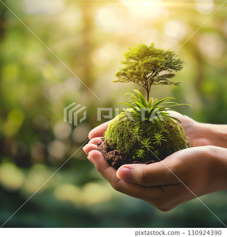 A small tree growing in the palm of your hand and the natural environment 130924390