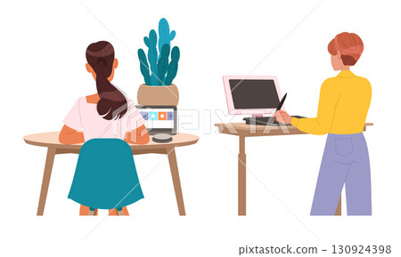 A modern workspace illustration depicts two people engaged in productive work activities 130924398