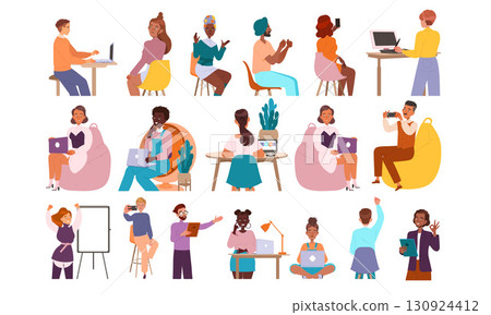 A Variety of Individuals Involved in Remote Work Activities from Various Locations and Backgrounds A Variety of Individuals Involved in Remote Work Activities from Various Locations and Backgrounds 130924412