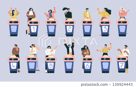 Animated Quiz Contestants Enthusiastically Raising Their Hands High to Answer Questions 130924443