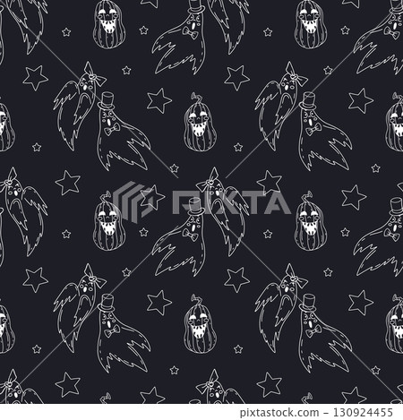 Seamless pattern with cute hand drawn monochrome Halloween ghosts couple 130924455