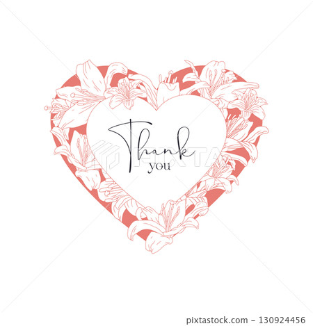 Hand drawn line art heart frame with monochrome pink lily flowers and text thank you 130924456