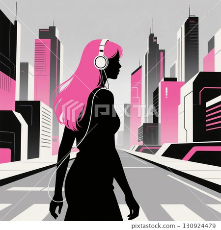 一位模特兒般的長髮女子戴著耳機的圖片 130924479