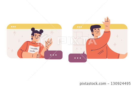 An engaging and colorful illustration depicting interactive virtual communication scenarios An engaging and colorful illustration depicting interactive virtual communication scenarios 130924495