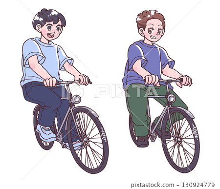 人們並排騎自行車的插圖 130924779