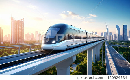未來單軌列車穿越未來城市 130924784