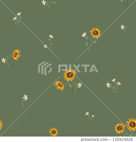 Seamless watercolor pattern with daisies, sunflowers, and bees. Hand-drawn floral and insect illustrations, perfect for children's textiles, nursery decor, and playful designs. Bright and cheerful. Seamless watercolor pattern with daisies, sunflowers, and bees. Hand-drawn floral and insect illustrations, perfect for children's textiles, nursery decor, and playful designs. Bright and cheerful. 130924826