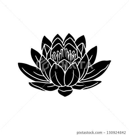 Hand drawn lotus flower black silhouette vector illustration isolated on white background 130924842