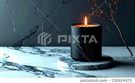 Matte Black Candle with Orange Flame on Marble Tray. Hallowen Concept. Generated Image 130924973