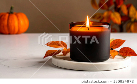 Matte Black Candle with Orange Flame on Marble Tray. Hallowen Concept. Generated Image Matte Black Candle with Orange Flame on Marble Tray. Hallowen Concept. Generated Image 130924978