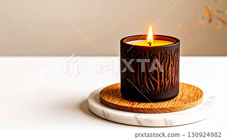 Matte Black Candle with Orange Flame on Marble Tray. Hallowen Concept. Generated Image Matte Black Candle with Orange Flame on Marble Tray. Hallowen Concept. Generated Image 130924982