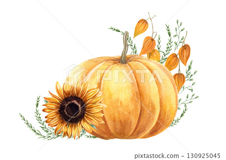 Watercolor yellow orange pumpkin, physalis, sunflower, and wild grasses illustration on isolated background. Autumn composition for seasonal designs, Thanksgiving, harvest festival packaging. Watercolor yellow orange pumpkin, physalis, sunflower, and wild grasses illustration on isolated background. Autumn composition for seasonal designs, Thanksgiving, harvest festival packaging. 130925045