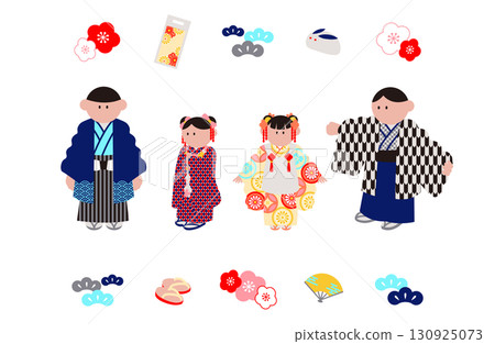 Illustration set of children wearing kimonos and Japanese materials 130925073