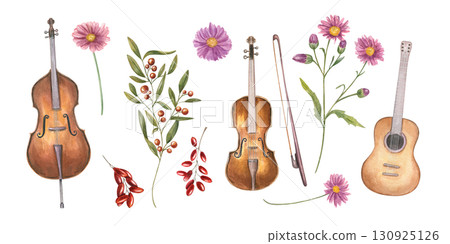 Musical set with contrabass, guitar, violin and autumn plants watercolor illustration clip art on isolated background. Hand painted music instruments, flowers, berries for jazz festival poster, design Musical set with contrabass, guitar, violin and autumn plants watercolor illustration clip art on isolated background. Hand painted music instruments, flowers, berries for jazz festival poster, design 130925126