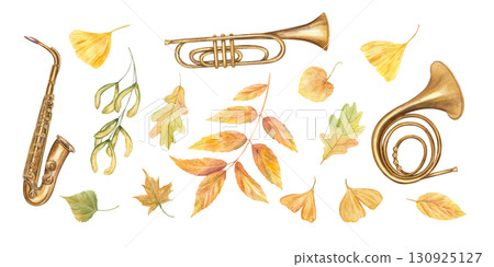 Musical set with saxophone, trumpet and French horn among autumn leaves watercolor illustration on isolated background. Music instruments, fall maple, oak, elm, gingko, ash leaf. For festival design. Musical set with saxophone, trumpet and French horn among autumn leaves watercolor illustration on isolated background. Music instruments, fall maple, oak, elm, gingko, ash leaf. For festival design. 130925127