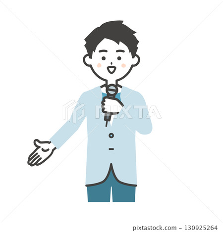Illustration of a male event host pointing downwards Illustration of a male event host pointing downwards 130925264