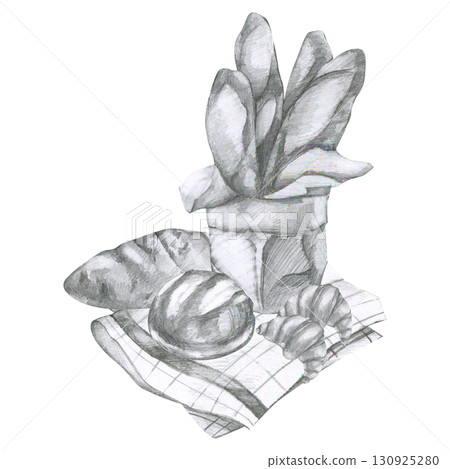 Bread, baguette, bun and croissant on white checkered towel pencil illustration. Hand drawn black and white graphics, engraved bakery pastry clipart for card, menu, label packing design 130925280