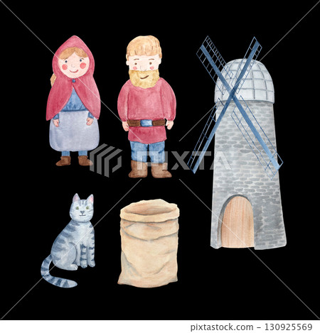 Medieval miller and his wife, stone windmill, gray tabby cat, flour sack. Watercolor illustration set isolated on black. Perfect for fairy tales, farm stories, historical books, and packaging design 130925569