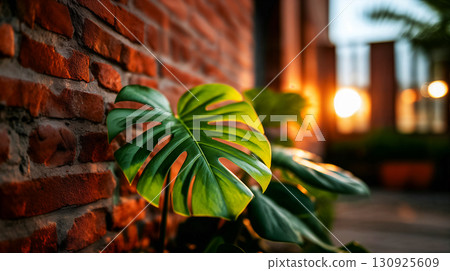 Close-up of giant monstera against brick wall of house in backlight of setting sun, copy space with tropical plants interior design concept of courtyards 130925609