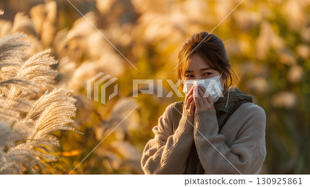 Japanese pampas grass swaying in the autumn breeze and a woman wearing a mask 130925861