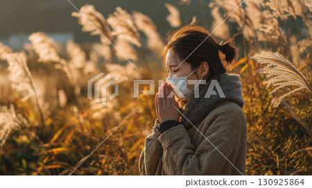 Japanese pampas grass swaying in the autumn breeze and a woman wearing a mask 130925864