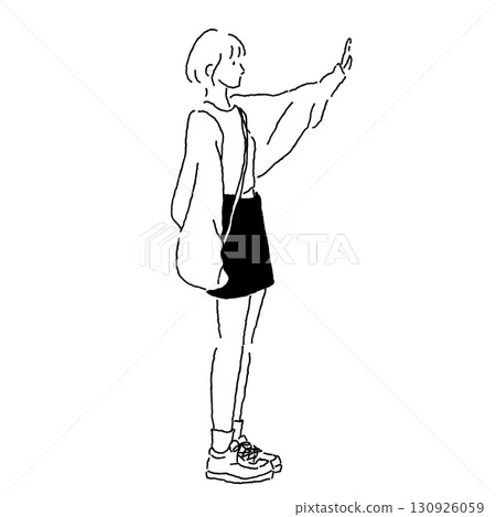A woman raising one hand to greet someone. Casual fashion line drawing illustration A woman raising one hand to greet someone. Casual fashion line drawing illustration 130926059