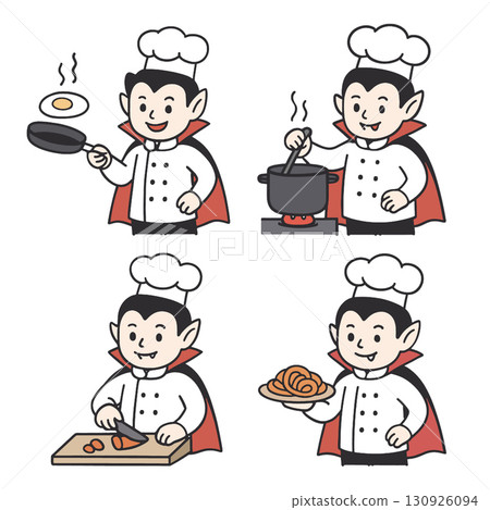 Cartoon vampire chef cooking various dishes, including frying egg, stirring pot, chopping 130926094