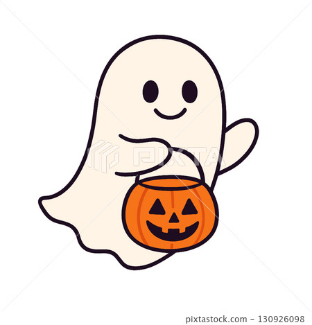 Cute ghost holding pumpkin bucket, smiling happily 130926098