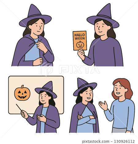 woman in witch costume holding Halloween card and teaching about pumpkins woman in witch costume holding Halloween card and teaching about pumpkins 130926112