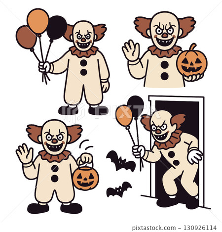 Creepy clown holding balloons and pumpkin in various poses for Halloween Creepy clown holding balloons and pumpkin in various poses for Halloween 130926114