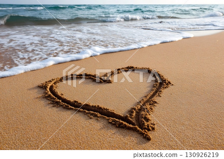 Heart drawn in the sand on a tropical beach expressing love and romance 130926219