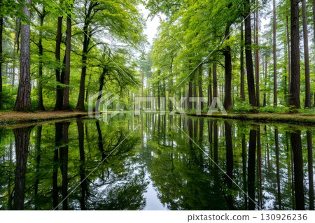 Lush green trees reflecting in a calm lake in spring 130926236