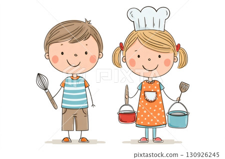 Kids chefs holding kitchen utensils and pans smiling cartoon illustration Kids chefs holding kitchen utensils and pans smiling cartoon illustration 130926245