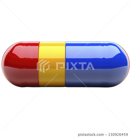 A colorful capsule pill with glossy surface, featuring red, yellow, and blue segments, symbolizing medication or supplements. vibrant colors and shiny finish create striking visual 130926459