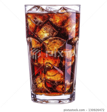 A refreshing glass of with ice cubes, showcasing fizzy bubbles and rich brown color, perfect for thirst quenching moment 130926472